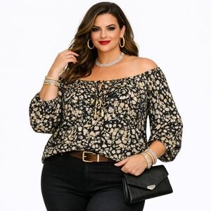 𝅺Michael Kors Printed Off the Shoulder Designer Plus City Peplum Blouse Womens